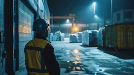 Worker in high-visibility vest and helmet stands at night in an industrial area with stacks of materials and containers.