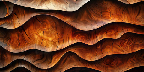 Close-up perspective reveals the intricate details of an abstract wooden texture, exhibiting flowing grain patterns resembling waves or dunes. - obrazy, fototapety, plakaty