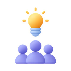 Group team and light bulb. Teamwork, inspiration, solution and creative idea concept. 3d vector icon. Cartoon minimal style.