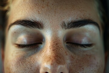 Close up of a persons face with closed eyes, practicing mindfulness and deep relaxation techniques