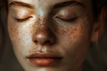 A close-up view of a woman with freckles on her face, eyes closed in deep meditation, illuminated by soft natural light