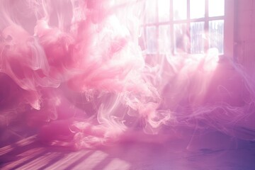 Pink smoke drifts out of a room with soft natural light filtering through windows - obrazy, fototapety, plakaty