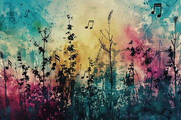: A vibrant, abstract, musical forest of melodic instruments, with branches of harmonious music notes, resonating and creating symphonies in the cool, soothing breeze. - obrazy, fototapety, plakaty