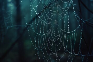 Spider web covered in dewdrops in forest with dim light creating a shimmering effect