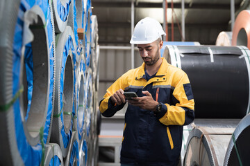 Male engineer worker using digital tablet inspecting quality rolls of galvanized or metal sheet in...