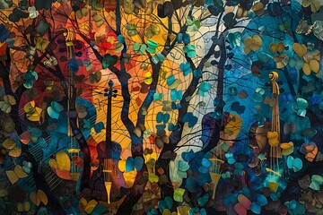 : A vibrant, abstract, musical forest of melodic instruments, with branches of harmonious music...