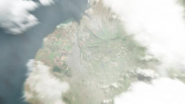 Earth zoom in from space to Moka, Mauritius. Followed by zoom out through clouds and atmosphere into space. Satellite view. Travel intro. Images from NASA