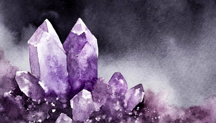 Amethyst crystal stone cluster, watercolor illustration - obrazy, fototapety, plakaty