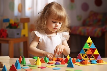 A cute child, a little girl is playing with a colorful puzzle, trying to assemble it. The concept of play and child development.