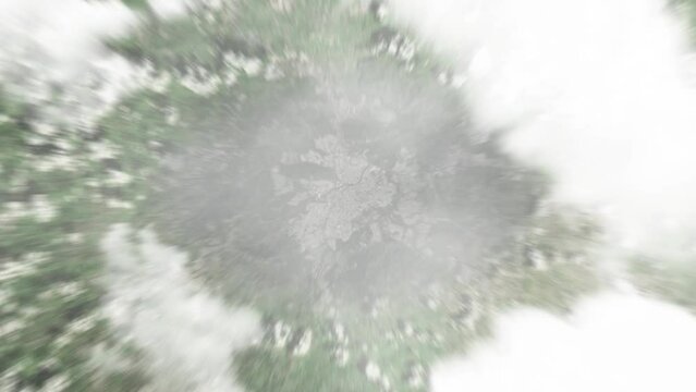 Earth zoom in from space to Caguas, Puerto Rico. Followed by zoom out through clouds and atmosphere into space. Satellite view. Travel intro. Images from NASA