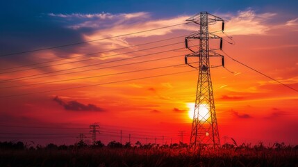 Dynamic Sunset Skies Over Urban Electrical Grid: The Harmony of Technology and Nature

