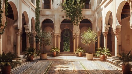 Fototapeta na wymiar A peaceful courtyard surrounded by archways and decorated with Ramadan lights, creating a serene environment