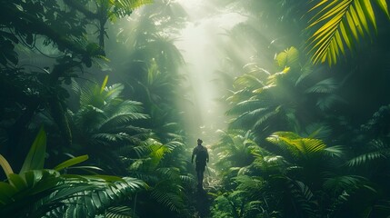 Fototapeta na wymiar Wanderer Immersed in the Rich Tropical Rainforest of Hawaii