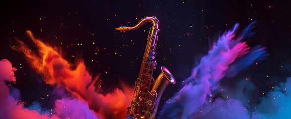 International jazz day and World Jazz festival banner with saxophon on splashing abstract colorful dust  - obrazy, fototapety, plakaty