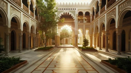 Poster A peaceful courtyard surrounded by archways and decorated with Ramadan lights, creating a serene environment © Ammar