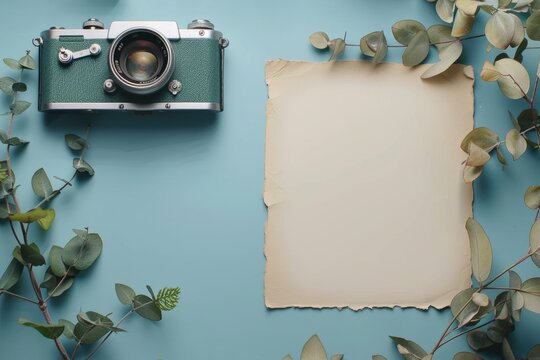 Vintage Camera and Old Paper on Teal Background