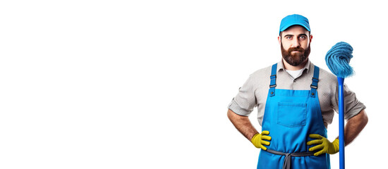 Smiling male professional cleaner with tools in service uniform, white background isolate.