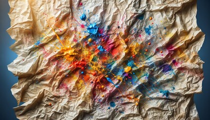 Vibrant Paint Splatters on Wrinkled Paper Texture