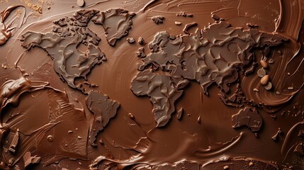 Chocolate world, continents enrobed in cocoa, high angle, concept of a world obsessed with chocolate