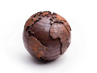 Chocolatecovered globe, world map in cocoa layers, side angle, concept of indulging global sweetness