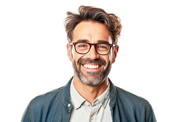 Close-up of a man, education professor, smiling successful teacher, white background isolate.