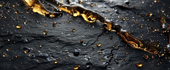 Spilled oil drops mixing on black stone slab, close up, Generative AI 