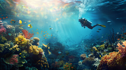 Scuba diver exploring a vibrant coral reef underwater with sunlight filtering through.