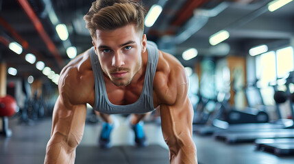 Handsome young man doing push-ups in the gym.