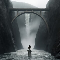 illustration of a gigantic dam and a bridge giant floating woman, Generative ai