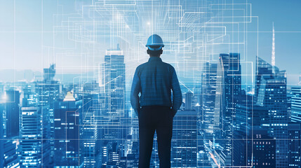 Back view of engineer in hardhat standing on abstract city background with double exposure of HUD interface. Concept of hi tech. Toned image - obrazy, fototapety, plakaty