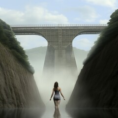 illustration of a gigantic dam and a bridge giant floating woman, Generative ai