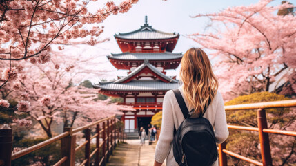 A woman wearing a backpack walks past a building with pink cherry blossoms
