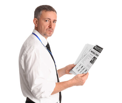 Mature FBI agent with documents on white background