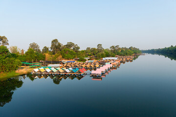 Fresh atmosphere along the river, there are rafts for relaxation, ecotourism, vacation travel.Relaxation concept.