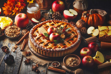 A beautiful apple pie for Thanksgiving on a rustic wooden table.