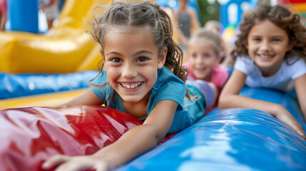 Fototapeta na wymiar Portrait of happy children having fun on trampoline in amusement park