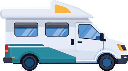Illustration of a campervan with a beautiful mountain landscape backdrop-