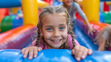 Portrait of smiling little girl playing in inflatable pool at school - obrazy, fototapety, plakaty