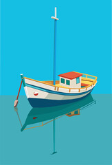 Illustration of a colorful boat anchored in calm blue waters