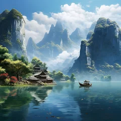 Foto op Canvas illustration of Beautiful lake of China culture landscape masterpiec, Generative ai © aniartai
