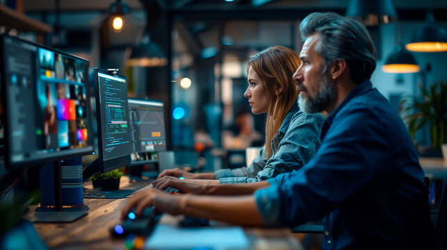 un homme et une femme en train de travailler sur des ordinateurs, vus de profil