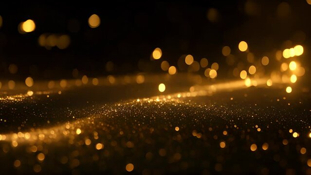 Golden glitter background with shiny lights. Gold sparkles on black. Defocused golden glitter lights. Bokeh lights. Abstract shiny background.