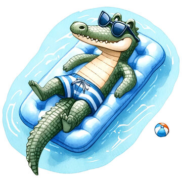 Cute crocodile floating on inflatable mattress in blue pool water watercolor clipart .AI Generate