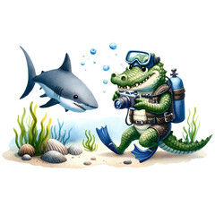Cute crocodile scuba diving and taking pictures of a shark under the sea watercolor clipart .AI Generate