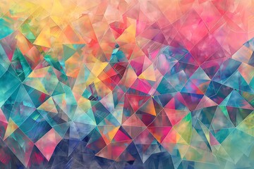 : An abstract mosaic of triangular shapes, shimmering in vibrant hues with a soothing pastel...