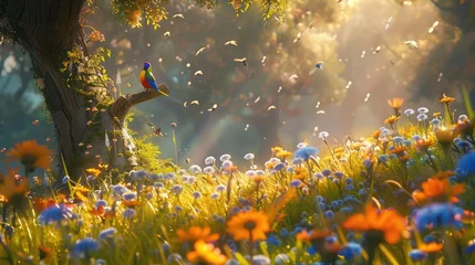 Fotobehang A picturesque meadow bathed in golden sunlight, adorned with vibrant wildflowers, as a flock of rainbow lorikeets adds a burst of color to the scene. © Amer