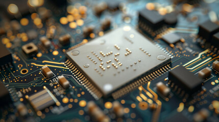 Close-up of a computer microprocessor on a circuit board. - obrazy, fototapety, plakaty