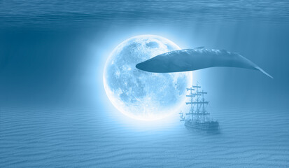 A ship taking years on the surface in bright sunlight and a huge blue whale next to it, deep space and Moon in the background "Elements of this image furnished by NASA"