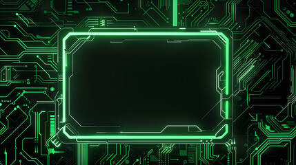 Futuristic green circuit board design with a central blank frame.