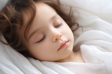 Obraz na płótnie Canvas A calm, Caucasian girl of preschool age, covered with a fresh white blanket, lies in bed on a comfortable mattress in the bedroom and sleeps sweetly. Healthy sleep, good night, concept
